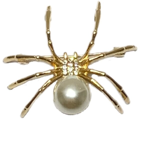 Gold Tone Alloy Spider Pin Brooch Faux White Pearl Gothic Halloween Rhinestones - Picture 5 of 8